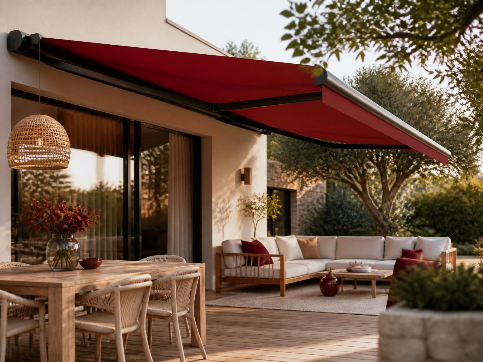 Modern svensk villa med röd premium terrassmarkis från Markisverket